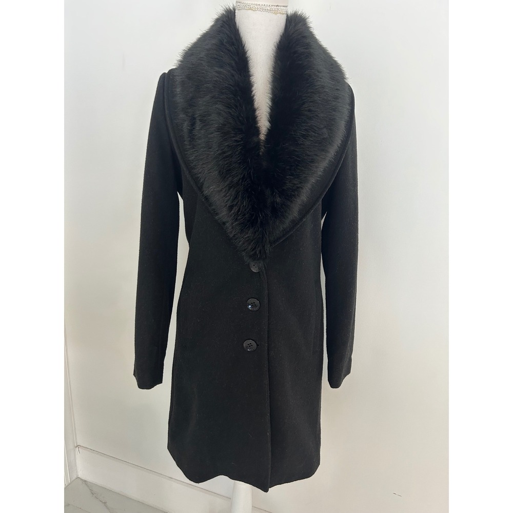 Guess Los Angeles Womens Black Wool Blend Mob Wife Coat Faux Fur Collar Size XS